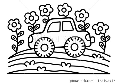 car driving through blooming flowers on hillside cute spring nature scene, cheerful vehicle adventure illustration, AI Generative 128198517