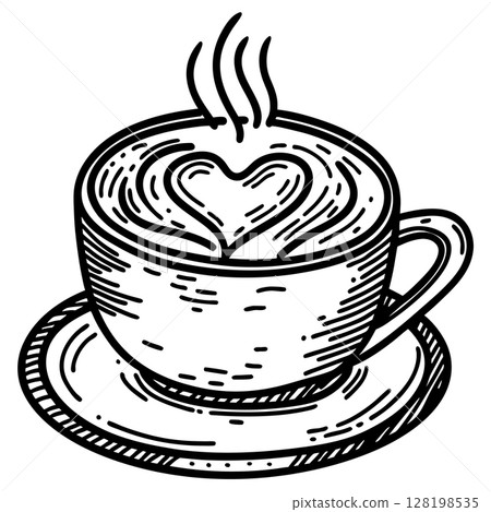Steaming coffee cup with heart shaped latte art, hand drawn sketch illustration, cafe hot drink design, AI Generative Steaming coffee cup with heart shaped latte art, hand drawn sketch illustration, cafe hot drink design, AI Generative 128198535
