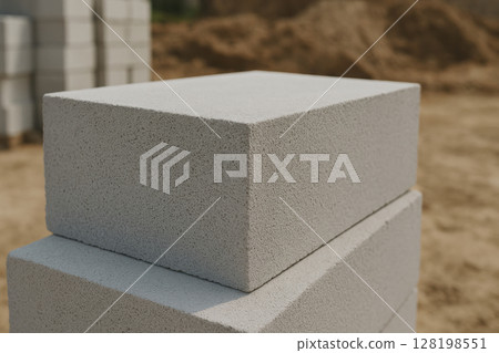 Lightweight concrete blocks stacked at a construction site on a sunny day, showing detailed texture and building materials, AI Generative Lightweight concrete blocks stacked at a construction site on a sunny day, showing detailed texture and building materials, AI Generative 128198551