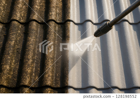 high pressure water cleaning transforming dirty tiled roof to clean, bright surface, showcasing effective maintenance technique, AI Generative 128198552