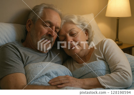 Senior couple peacefully sleeping together in bed under cozy blankets with soft lamp light in a calm and restful bedroom setting, AI Generative 128198594