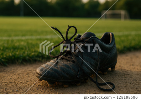black soccer cleat with untied laces on dirt path beside grassy field, evening sunlight, goalpost in distance, AI Generative 128198596