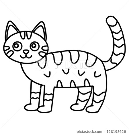 Cute striped cat illustration simple outlined feline drawing with happy face and wavy tail for coloring or children's activity, AI Generative 128198626