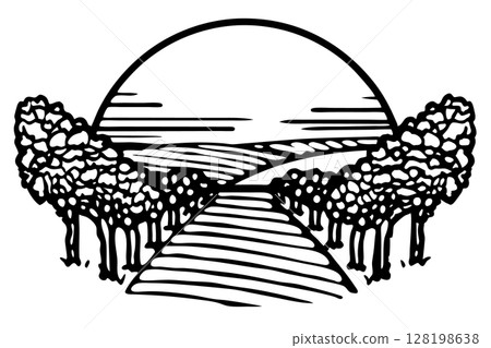 Road leading through tree lined fields toward rising sun agriculture landscape, rural countryside path, sunrise view, AI Generative 128198638