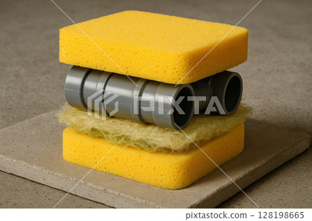 Creative fast food sandwich assembled from unconventional non food items and materials, blending industrial and everyday objects, AI Generative 128198665