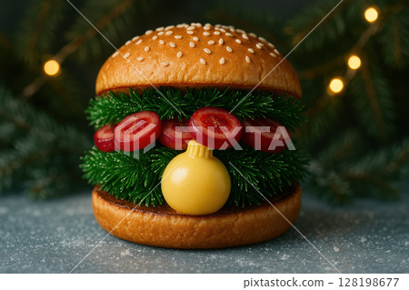Festive holiday burger bun filled with pine branches, red cherry tomatoes, and a yellow ornament against a christmas background, AI Generative 128198677