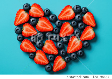 Sliced strawberries and whole blueberries arranged in a heart shape on a blue background symbolizing healthy eating and love, AI Generative 128198687