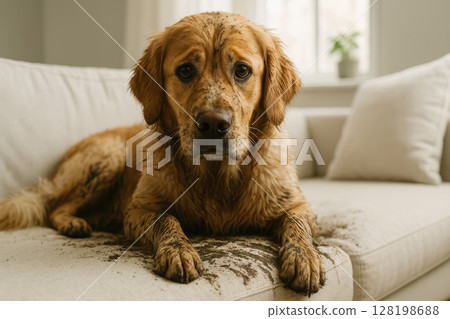 Golden retriever with muddy fur lying on a white couch, looking guilty in a bright modern living room with natural light, AI Generative 128198688