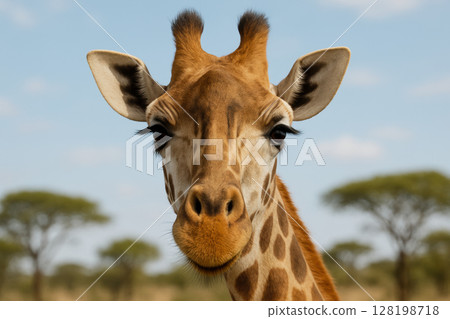 Curious giraffe facing the camera in the african savannah on a bright day with acacia trees and blue sky in the background, AI Generative Curious giraffe facing the camera in the african savannah on a bright day with acacia trees and blue sky in the background, AI Generative 128198718