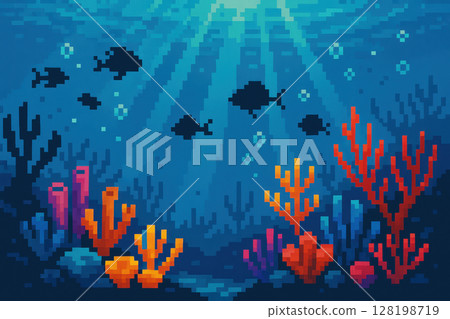 Vibrant underwater scene with pixelated colorful coral reefs and swimming fish under sunlight in a deep ocean ecosystem, AI Generative Vibrant underwater scene with pixelated colorful coral reefs and swimming fish under sunlight in a deep ocean ecosystem, AI Generative 128198719