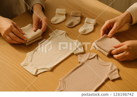 Hands folding soft neutral baby clothes and socks on wooden table in warm sunlight, organizing newborn essentials for arrival, AI Generative 128198742