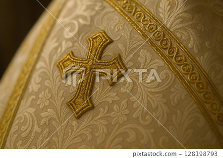 Golden embroidered orthodox cross on ornate liturgical vestment symbolizing faith and tradition in christian religious ceremony, AI Generative 128198793