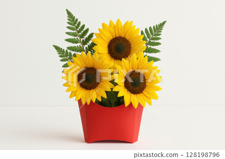 Creative fast food arrangement featuring vibrant sunflowers and ferns displayed in a red fries container on a white background, AI Generative 128198796