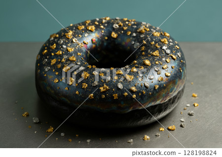 Gourmet black donut with metallic gold flakes and iridescent glaze on a matte surface against a teal background, AI Generative 128198824