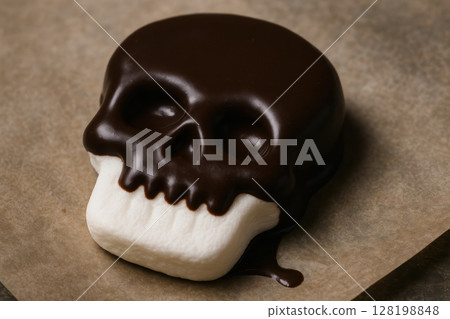 Chocolate covered marshmallow shaped as a skull on parchment paper, dark confectionery treat for halloween celebrations and desserts, AI Generative 128198848