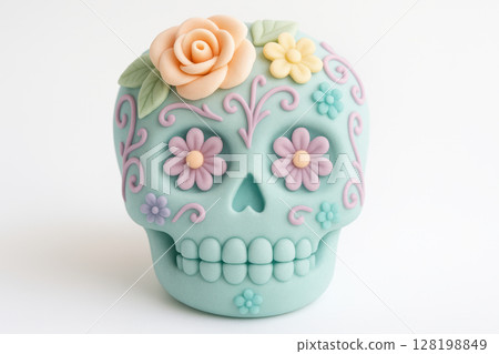 Decorative sugar skull adorned with pastel flowers and intricate patterns symbolizing celebration and cultural tradition, AI Generative 128198849
