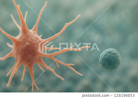 Microscopic view of immune cell attacking pathogen in the human body illustrating cellular defense mechanism and disease response, AI Generative 128198853