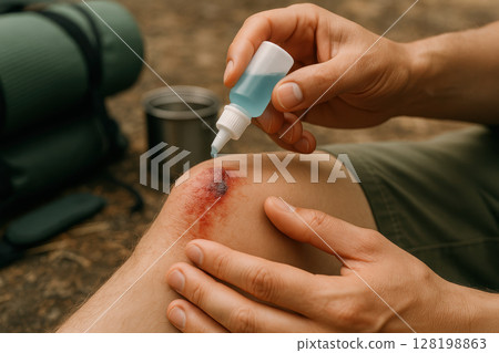 Person treating knee wound with antiseptic outdoors during hiking, focusing on first aid care and outdoor emergency preparedness, AI Generative 128198863