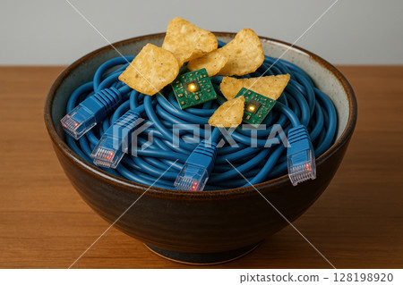 Blue network cables arranged in a bowl with computer chips and potato chips, symbolizing digital connection in modern technology, AI Generative 128198920