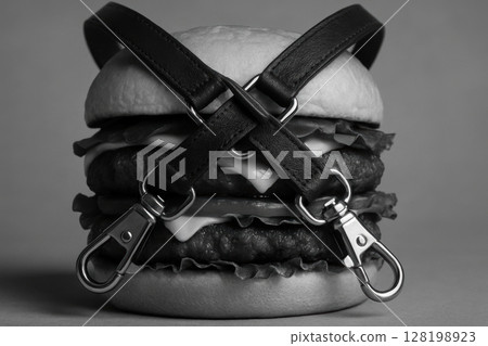 Double cheeseburger with layers of lettuce and cheese wrapped in crossed black leather straps and metal clasps in dramatic lighting, AI Generative 128198923