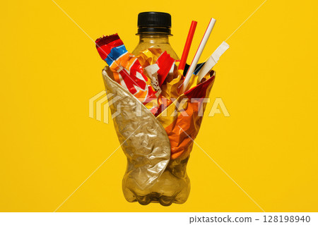 Crushed plastic bottle filled with mixed waste including candy wrappers and straws isolated on yellow background, AI Generative 128198940