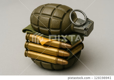 Creative conceptual sandwich made of hand grenade, brass bullets, cheese slice, and green cloth on neutral background, AI Generative 128198941