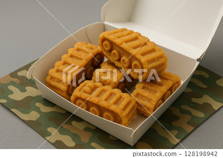 Crispy fried snacks shaped like miniature tanks arranged in a white box on a camouflage patterned surface for creative food presentation, AI Generative 128198942