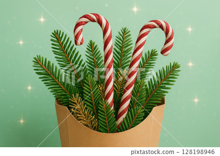 Festive candy canes and evergreen spruce branches in craft paper bag against mint green background with sparkling twinkle lights, AI Generative 128198946