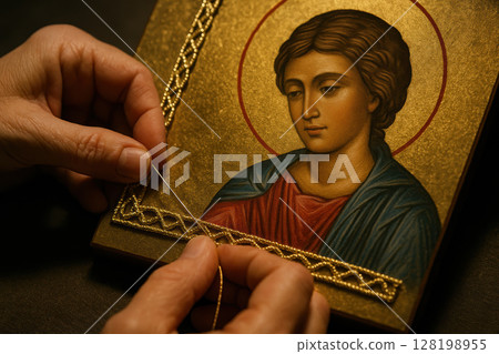 Artisan hands applying golden bead embroidery to a traditional religious icon with a serene saint figure on a shining gold background, AI Generative 128198955