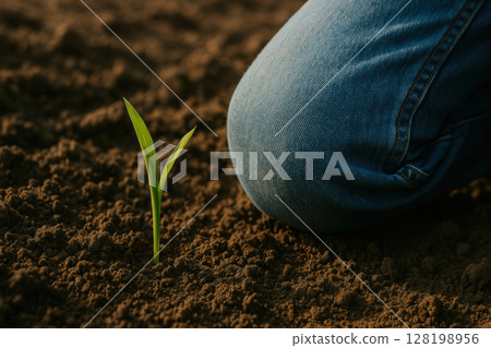 Close up of green seedling emerging from fertile soil next to a person's knee, symbolizing new growth and environmental care, AI Generative 128198956