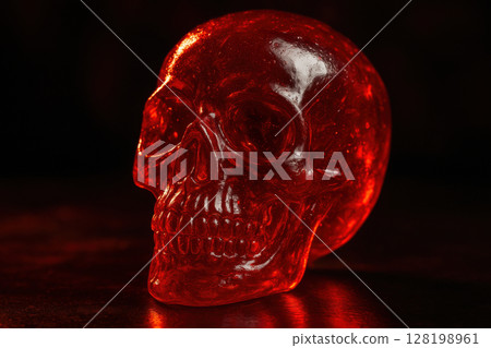 Translucent red skull sculpture illuminated in dramatic lighting, showcasing detailed bone structure and glossy surface texture, AI Generative Translucent red skull sculpture illuminated in dramatic lighting, showcasing detailed bone structure and glossy surface texture, AI Generative 128198961