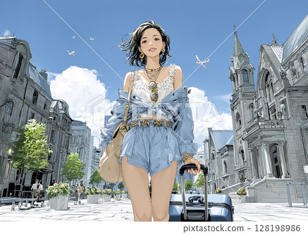 一位女性出國旅行的插畫素材 128198986
