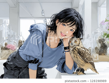 貓頭鷹咖啡館 一位女士與貓頭鷹玩耍的插圖 128198989
