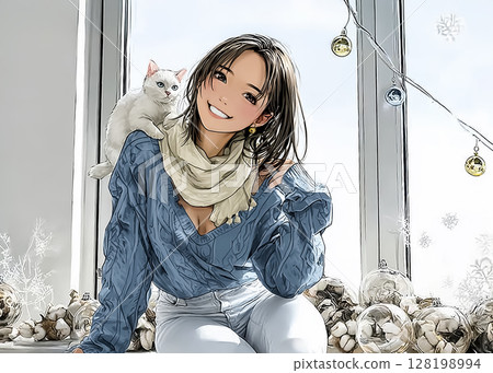Cat Cafe: Illustration of a woman smiling as a cat jumps onto her shoulder 128198994