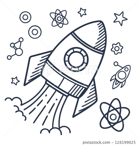 Rocket blasting off with science icons space exploration, innovation, creativity, and stem education concept, AI Generative 128199025
