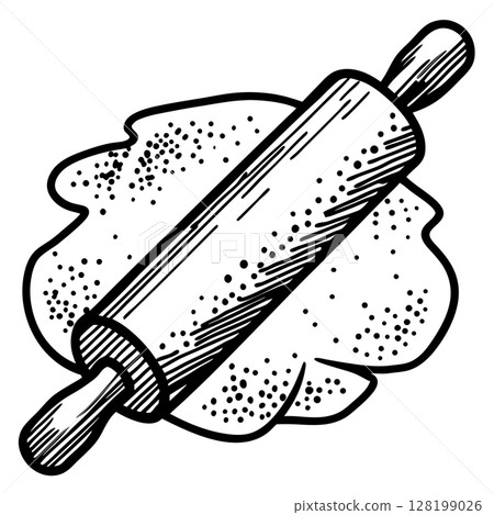 Rolling pin flattening dough, baking preparation process hand drawn sketch illustration, kitchen utensil and flour, AI Generative Rolling pin flattening dough, baking preparation process hand drawn sketch illustration, kitchen utensil and flour, AI Generative 128199026