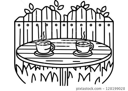 Outdoor garden table with two coffee cups, steaming hot drinks for morning relaxation and friendly conversation, AI Generative 128199028