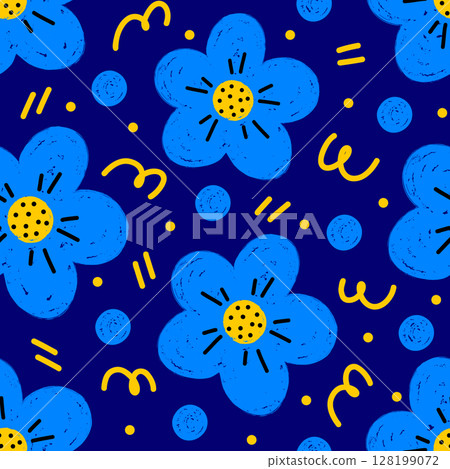 A playful and vibrant seamless pattern with hand drawn style flowers, polka dots and scribbles A playful and vibrant seamless pattern with hand drawn style flowers, polka dots and scribbles 128199072