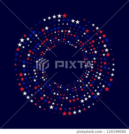 Patriotic circular frame made of red, white, and blue stars on a dark blue background Patriotic circular frame made of red, white, and blue stars on a dark blue background 128199080