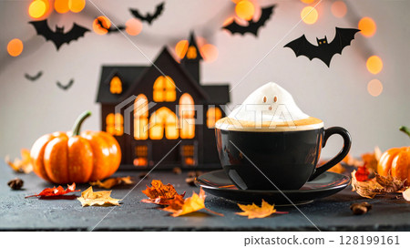 Halloween Ghost Whipped Cream Hot Drink 128199161