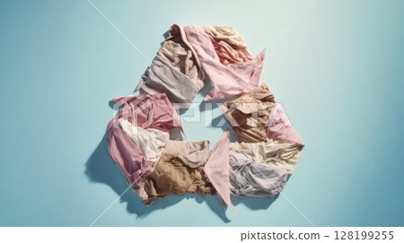 Creative recycling symbol made of folded old clothes on blue background promotes eco fashion, textile waste awareness, and sustainable living 128199255