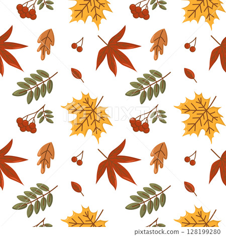 Autumn seamless background. Branches, leaves, berries for textile, home decor, fabric, wallpaper, poster design, wrapping paper, print. Autumn seamless background. Branches, leaves, berries for textile, home decor, fabric, wallpaper, poster design, wrapping paper, print. 128199280