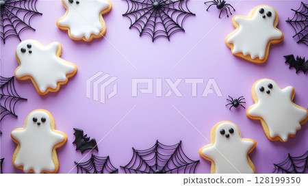 萬聖節框架，可愛的鬼餅乾，蜘蛛網，蝙蝠 128199350