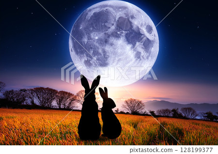 Full moon and two rabbits 128199377