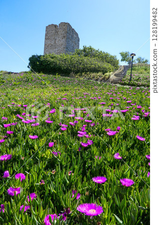 Greece, Sani, View of Sani with the Stavronikita Tower, Kassandra, Chalkidiki Greece, Sani, View of Sani with the Stavronikita Tower, Kassandra, Chalkidiki 128199482