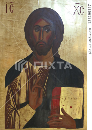 Greece, Sani, Orthodox icon inside the church of Sani, Kassandra, Chalkidiki Greece, Sani, Orthodox icon inside the church of Sani, Kassandra, Chalkidiki 128199527