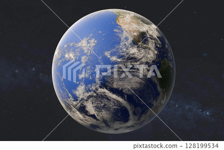 A view of planet Earth from space reveals its curvature, with vibrant cloud patterns, oceans, and landmasses bathed in sunlight. 128199534