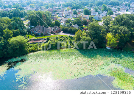 Lush greenery surrounds peaceful lake while homes are visible in background under clear blue skies. Lush greenery surrounds peaceful lake while homes are visible in background under clear blue skies. 128199536