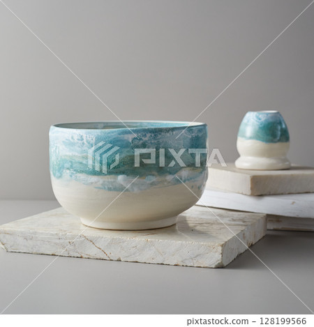 Tea bowl ceramic on gray background. Tea bowl ceramic on gray background. 128199566