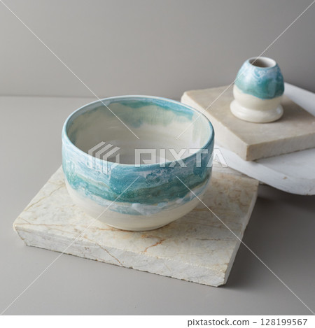 Tea bowl ceramic on gray background. Tea bowl ceramic on gray background. 128199567